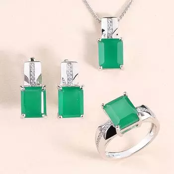Зеленый агат, натуральный драгоценный камень, кольцо, серьги, ожерелье, комплект ювелирных изделий, стерлинговое серебро 925 пробы, модные ювелирные изделия, женский подарок US RING SIZE 7# зелёный