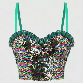 Зеленый акрил, драгоценный камень, бриллиант, красочные блестки, корсет, бюстгальтер, укороченный топ, женские бюстгальтеры пуш-ап, укороченные майки, карнавальная вечеринка, клуб, сцена, Dj Ds, вечер XS зелёный