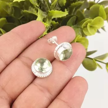 Зеленый Аметист Драгоценный Камень Серебро 925 пробы Ювелирные Изделия Ручной Работы Серьги-Пуссеты 0,53 EE-147-1