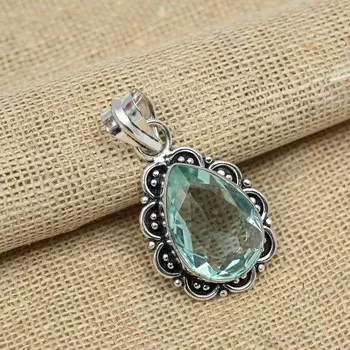 Зеленый аметист Драгоценный камень Твердый стерлинговый серебристый стерлинговый серебристый 925 Ювелирные изделия ручной работы 1.77 Inches зелёный