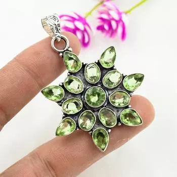 Зеленый аметистовый кулон, 925 пробы серебряный кулон, ювелирные изделия ручной работы с драгоценными камнями, подарки для жены, абсолютно новый кулон 2.28 Inches зелёный