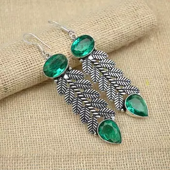 Зеленый апатит, великолепный драгоценный камень, изящные серьги, ювелирные изделия, ювелирные изделия из стерлингового серебра 925 пробы 2.95 Inches зелёный
