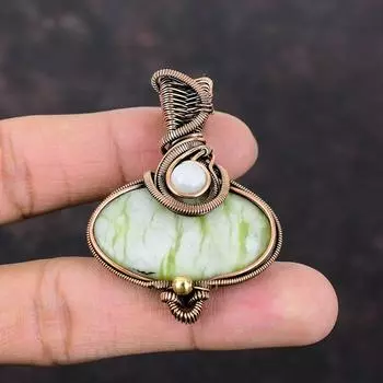 Зеленый арагонитовый кулон, обернутый медной проволокой, подвеска ручной работы из лунного камня, изящный кулон из драгоценного камня, обернутый медной проволокой, ювелирное украшение, подарок для него