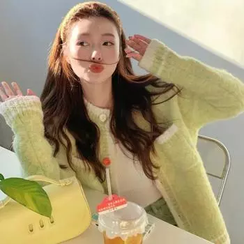 Зеленый ароматный свитер во французском стиле, кардиган, пальто, женский весенне-осенний винтажный свободный кардиган, свитер с длинными рукавами, женский топ