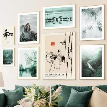 Зеленый бамбук, озеро Крейн-Хилл, постеры в китайском стиле, настенный художественный принт, домашний декор, картина для гостиной, спальни, салона, клуба 21x30cm No Framed