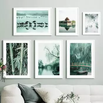 Зеленый бамбук, озеро Крейн-Хилл, постеры в китайском стиле, настенный художественный принт, домашний декор, картина для гостиной, спальни, салона, клуба A4 21X30cm No Framed