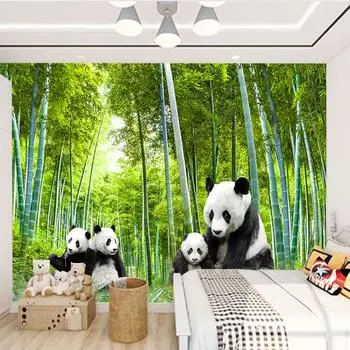 Зеленый бамбук Панда Фреска 3D Креативные фото обои Гостиная Спальня Кухня Ресторан Украшение дома Наклейка на стену 300cm (W) x 200cm (H)
