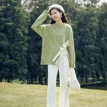 Зеленый бант с разрезами по краям свитер женский осенне-зимний пуловеры свободный круглый вырез вязаный свитер топ S зелёный