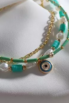 Зеленый браслет Fimo из трех частей с жемчугом и бусинами «Сглаз»