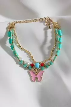 Зеленый браслет из трех частей с подвесками-бабочками и бусинами Fimo