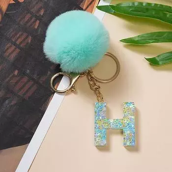 Зеленый брелок с блестками в виде шарика для волос с буквами от A до Z, 26 инициалов, пушистый шарик, брелок для рюкзака, украшения, подарки P