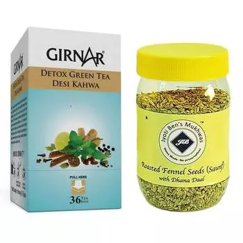 Зеленый чай Girnar Detox (36 чайных пакетиков) + Мухвас Джиоти Бена, жареный саунф с Дхана Даал, 200 грамм