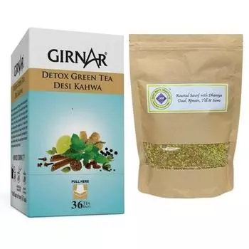 Зеленый чай Girnar Detox (36 чайных пакетиков) + Мухвас Джиоти Бен, жареный саунф с Дханией Даал Тилль, Аджвайном и Сувой, 250 г