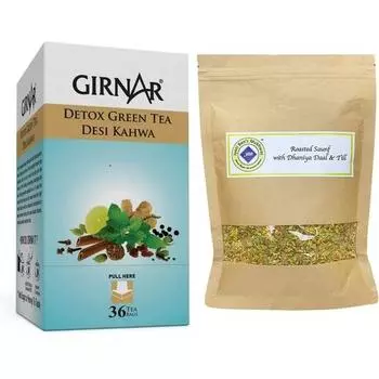 Зеленый чай Girnar Detox (36 чайных пакетиков) + Мухвас Джиоти Бен с, жареный саунф с Дханией Даал и Тиллом, 250 г