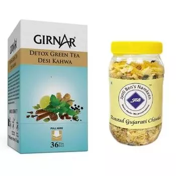 Зеленый чай Girnar Detox (36 чайных пакетиков) + Жареная Чиуда Jyoti Ben s Намкин 250г