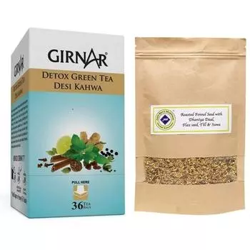 Зеленый чай Girnar Detox (36 чайных пакетиков) + Мухвас Джиоти Бен, жареный саунф со льном Дания Даал, Тиллем и Сувой, 250 г