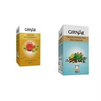 Зеленый чай Girnar с лимоном и медом (36 чайных пакетиков) + Girnar Detox Desi Kahwa Зеленый чай в пакетиках (36 чайных пакетиков) | Упаковка из 2 шт. | 180 г примерно