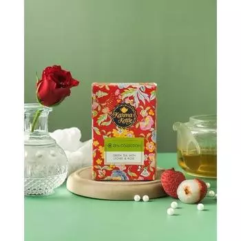 Зеленый чай Karma Kettle Lychee & Rose с зеленым чаем Ассам, личи и лепестками роз, натуральный детокс-чай (20 шелковых чайных пакетиков в форме пирамидки)