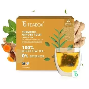 Зеленый чай Teabox с куркумой, имбирем и тулси, 25 пакетиков | Для укрепления иммунитета и профилактики боли в горле | Изготовлен из 100% цельного листа