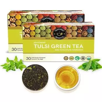 Зеленый чай ТИКУРРИ Тулси (60 чайных пакетиков, упаковка на 2 месяца) - Зеленый чай Tulsi в пакетиках - Tulsi Green, предотвращает респираторные заболевания, борется со стрессом