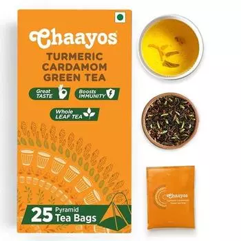 Зеленый чай в пакетиках Chaayos - куркума и кардамон (25 чайных пакетиков-пирамидок) | Зеленый чай со вкусом куркумы и кардамона | Зеленый чай | Листья зеленого чая