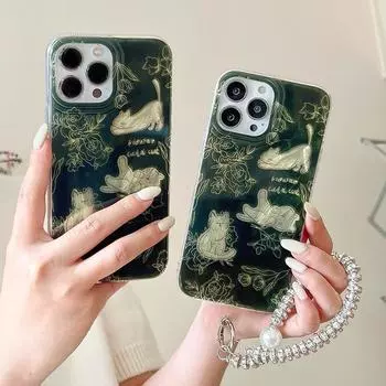 Зеленый чехол с изображением кота для iPhone 15, 14, 13, 12, 11 Pro Max, пряжа с перьями, защитный чехол для телефона с большим отверстием For iPhone 15