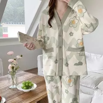 Зеленый цветочный женский пижамный комплект осень-зима с длинными рукавами и длинными штанами милая пижама кавайная пижама мягкая пижама уютная пижама удобная пижама M