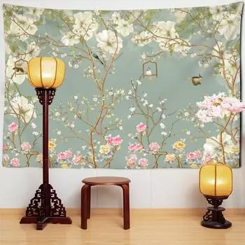 Зеленый цветок и птица живопись винтажный гобелен настенный бохо искусство хиппи тапиз эстетика комната домашний декор 95x70cm