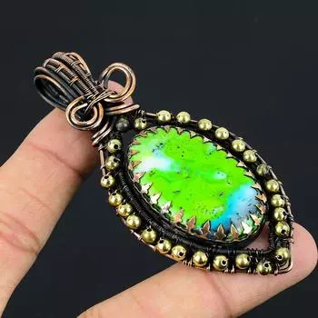 Зеленый дендрит опал драгоценный камень чистая медная проволока обернутая ювелирные изделия ручной работы кулон 3.35 Inches зелёный