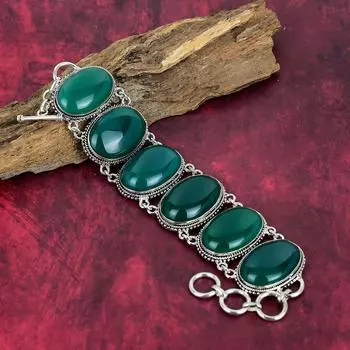 Зеленый драгоценный камень оникс, стерлинговое серебро 925 пробы, ювелирные изделия, браслет, браслет ручной работы, натуральный драгоценный камень оникс, подарок для девочки 8 Inches With Adjustable зелёный