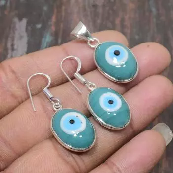 Зеленый драгоценный камень сглаза, подвеска из стерлингового серебра 925 пробы ручной работы + серьги, комплект ювелирных изделий зелёный