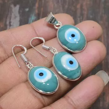 Зеленый драгоценный камень сглаза, подвеска из стерлингового серебра 925 пробы ручной работы + серьги, комплект ювелирных изделий зелёный