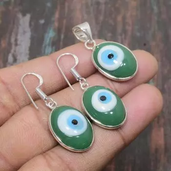 Зеленый драгоценный камень сглаза ручной работы, твердый кулон из стерлингового серебра 925 пробы + комплект ювелирных изделий с серьгами