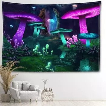 Зеленый Фиолетовый Лесной Гриб Гобелен Настенный Богемный Мистический Колдовство Гостиная Фон Ткань Домашний Декор 95x73CM