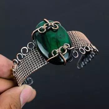 Зеленый флэш-лабрадорит, драгоценный камень, чистая медная проволока, завернутая в манжеты/браслет ручной работы, ювелирные изделия для подарка Adjustable зелёный