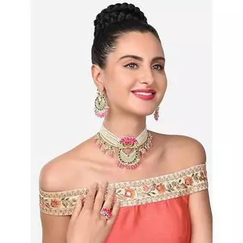 Зеленый и розовый Meenakari Lotus многожильный жемчуг колье, ожерелье, серьги и кольцо, набор для женщин