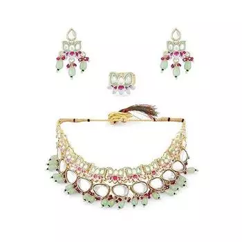Зеленый и розовый Минакари Лотос Кундан ожерелье серьги и кольцо комплект для женщин