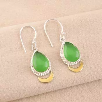 Зеленый камень Кошачий глаз Ювелирные изделия из серебра 925 пробы Ручная работа Серьги 1,5 Для нее EE-162-35