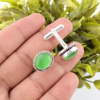 Зеленый камень Кошачий глаз Запонки из стерлингового серебра 925 пробы Подарок жениху и свидетелям CL-1-22