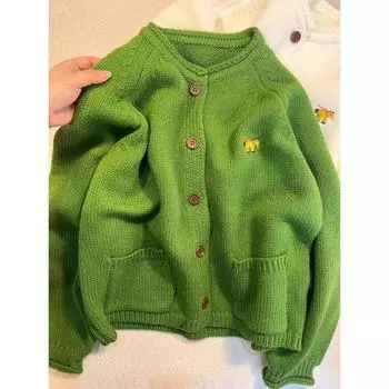Зеленый кардиган-свитер с круглым вырезом и вязаной фактурой Green L [Recommendation 105/57.50kg]]