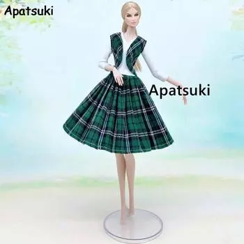 Зеленый клетчатый модный наряд для кукол для куклы Барби, комплект одежды, жилет, пальто и платье 1/6, аксессуары для кукол, игрушки для детей разноцветный