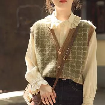 Зеленый клетчатый полосатый вязаный кардиган во французском стиле ретро, жилет, женский весенне-осенний модный новый свитер с v-образным вырезом, женское пальто One Size зелёный