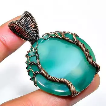 Зеленый кружевной агат, драгоценный камень, подвеска ручной работы из медной проволоки, длина 1,97 дюйма 1.97 зелёный