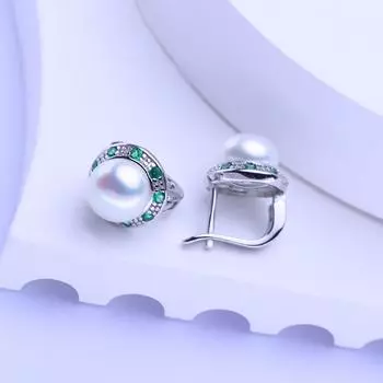 Зеленый кубический цирконий, натуральные пресноводные белые серьги-клипсы, жемчужные серьги для женщин, модные жемчужные серьги белый