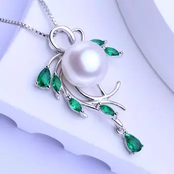 Зеленый кубический цирконий, ожерелье из натурального пресноводного жемчуга, кулон для женщин, модный кулон с жемчугом и листом белый