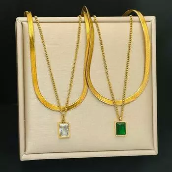 Зеленый квадрат, простое и универсальное двухслойное ожерелье, женское, летнее