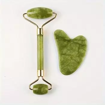 Зеленый кварцевый нефритовый роликовый инструмент Гуаша, каменный массажный инструмент для лица для ухода за кожей и красоты, расслабляющий роликовый скребок Гуаша для лица 1Set зелёный