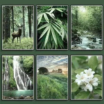 Зеленый лес Холст Плакат Дикий олень Водопад Ручей Цветок Лист Весна Печать Живопись Природа Пейзаж Картины Искусство Домашний декор 21x30cm No Framed