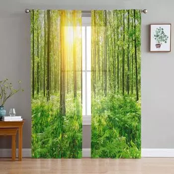 Зеленый лес Луг Солнечный свет Деревья Прозрачные шторы для гостиной Украшения Оконные шторы Кухня Тюль Вуаль Шторы W135 x H115cm x1