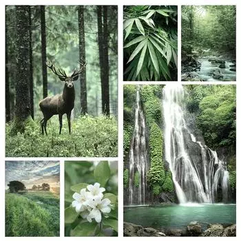 Зеленый лес плакат Дикий олень водопад ручей цветы листья весна спальня принты природа пейзаж картины холст картины искусство без рамки 21*30cm